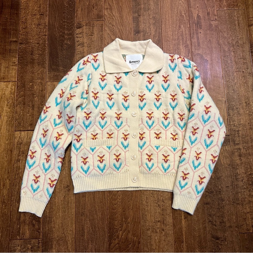 &Merci En Merci Cream Floral Patterned Women's Sweater Cardigan Size Medium